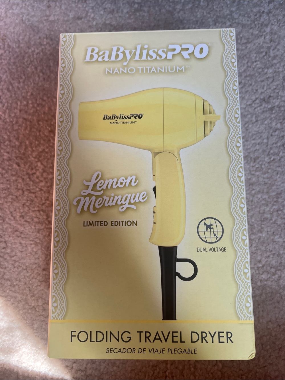 NIB Limited Edition Lemon Meringue BaBylissPro nano folding traveling hair dryer